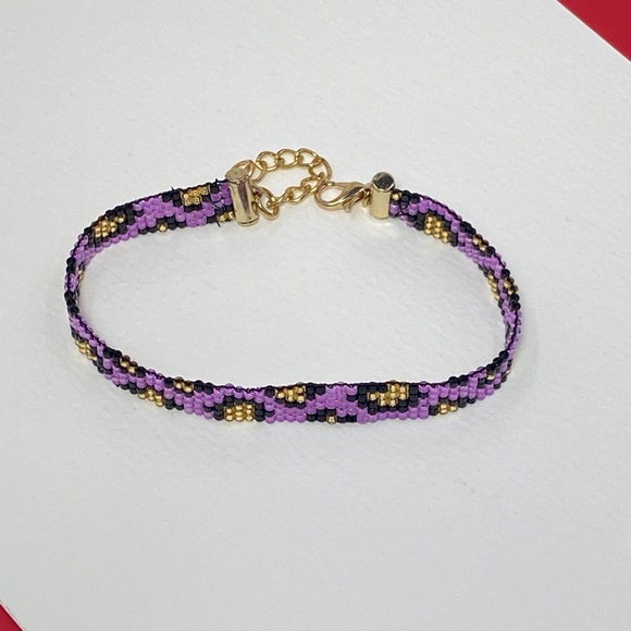Purple Black and Gold Leppard Print  Cheeta Pattern Seed Bead  Bracelet - Picture 7 of 11